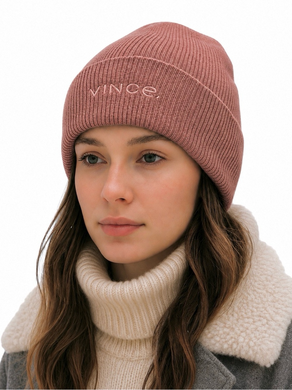 VINCE Wool Cashmere Rib Knit Beanie Hat Embroidered Logo Cuff NEW One Size Mauve